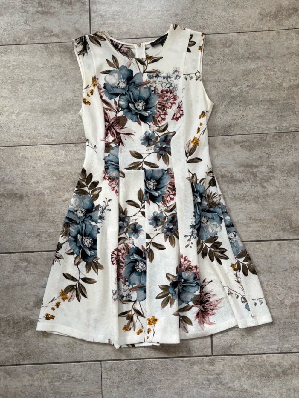 Floral Fit & Flare Dress in White with Blue Blooms